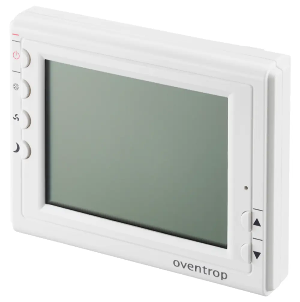 Oventrop Raumthermostat mit einem flachen, rechteckigen Gehäuse und einem großen Display. Tasten zur Einstellung befinden sich an der linken Seite des Geräts.